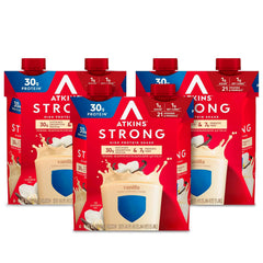 Atkins Strong Vanilla Shake ready-to-drink bottle for quick protein on the go