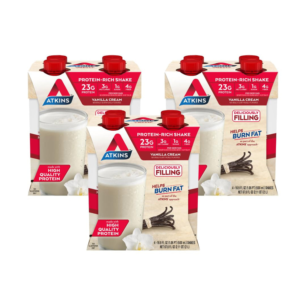 Atkins Vanilla Cream Meal Size shake bottle shows 23g protein for a satisfying snack