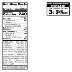 Nutrition panel of Atkins Vanilla Cream shake highlighting 23g protein and low net carbs