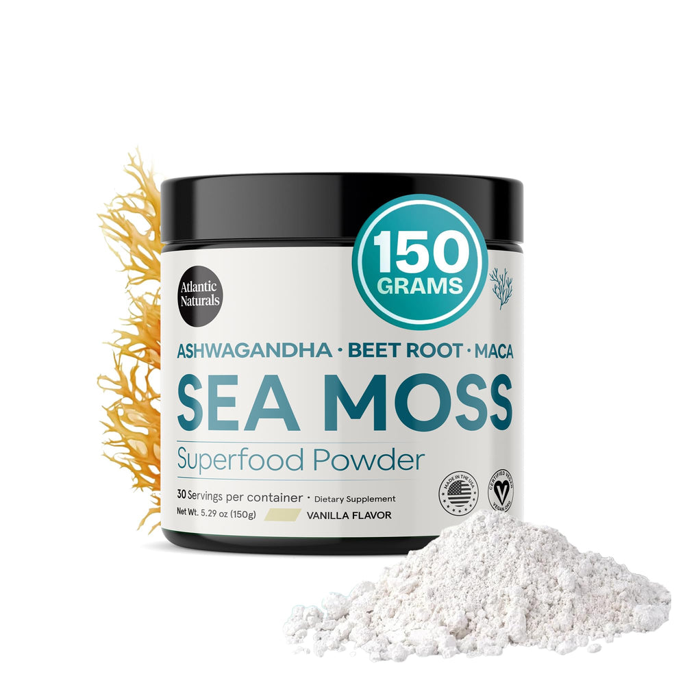 Atlantic Naturals sea moss powder vanilla front jar for daily wellness.