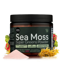 Atlantic Naturals Sea Moss Super Greens tub showing nutrient-dense blend for daily energy