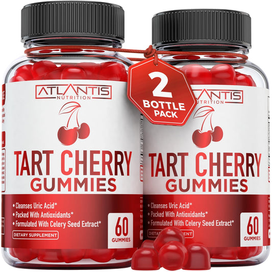 Atlantis Nutrition Tart Cherry Gummies 2-Pack bottle on display for daily antioxidant support.