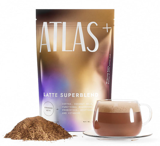 Atlas Coffee Club Latte Superblend bag front showing premium mushroom coffee for daily energy