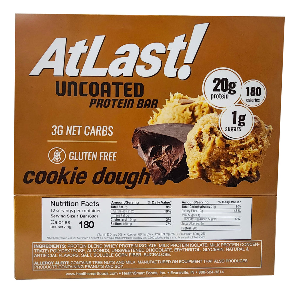 At Last! cookie dough bar close-up showing creamy texture and nutrition