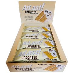 At Last! yellow cake protein bar packaging highlights premium nutrition for active days