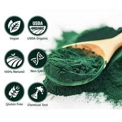 ATNreuro spirulina powder close-up shows fine texture ideal for fast dissolving drinks.