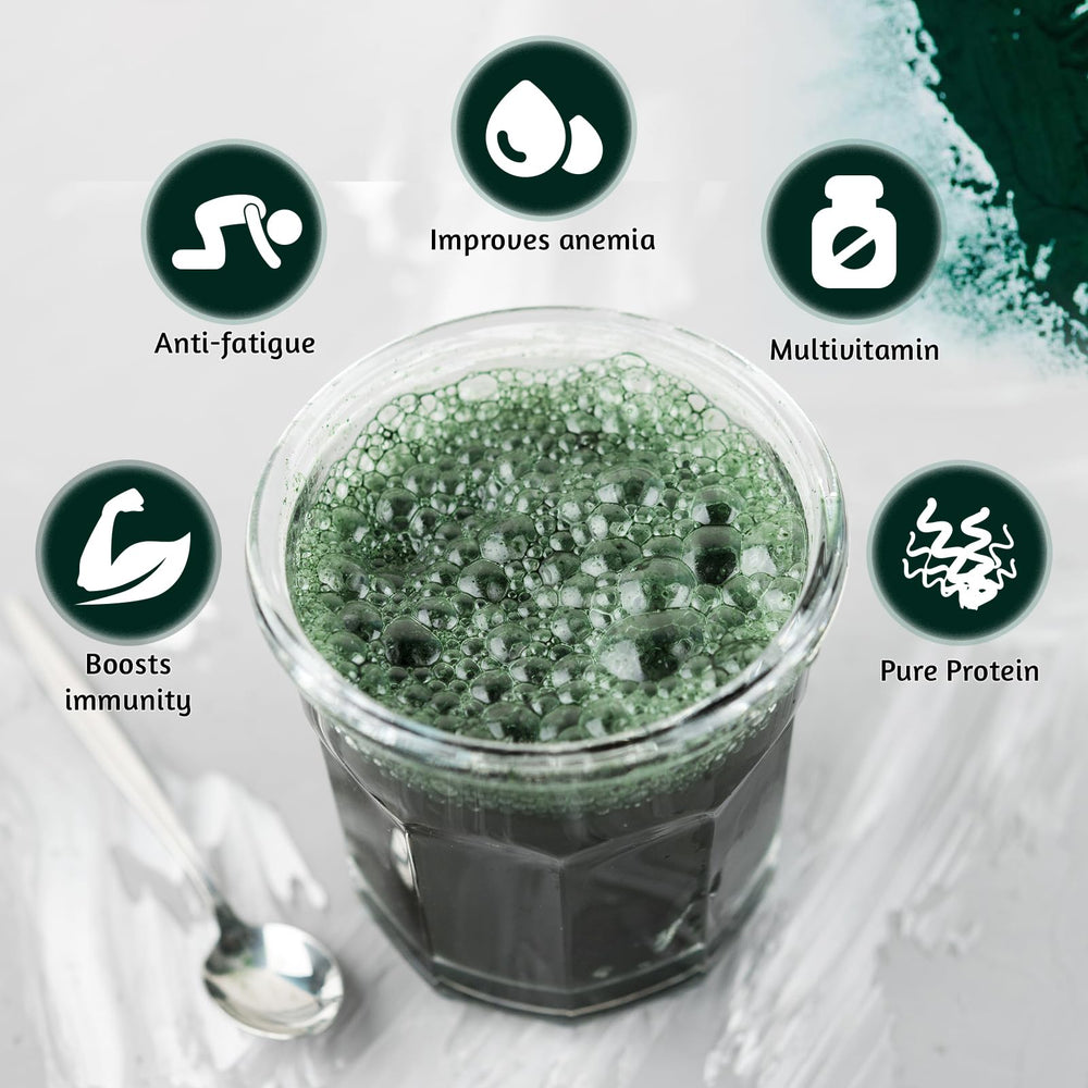ATNreuro spirulina powder packaging reveals non-GMO gluten-free status for clean vegan wellness.
