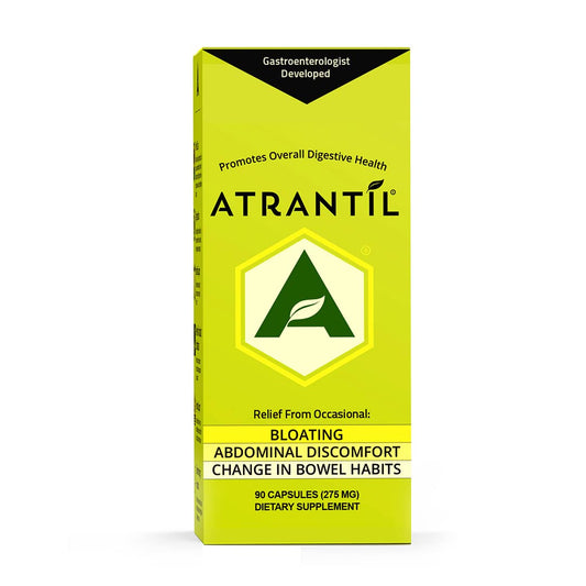 Atrantil bottle with capsules on countertop, hinting at daily digestive support.