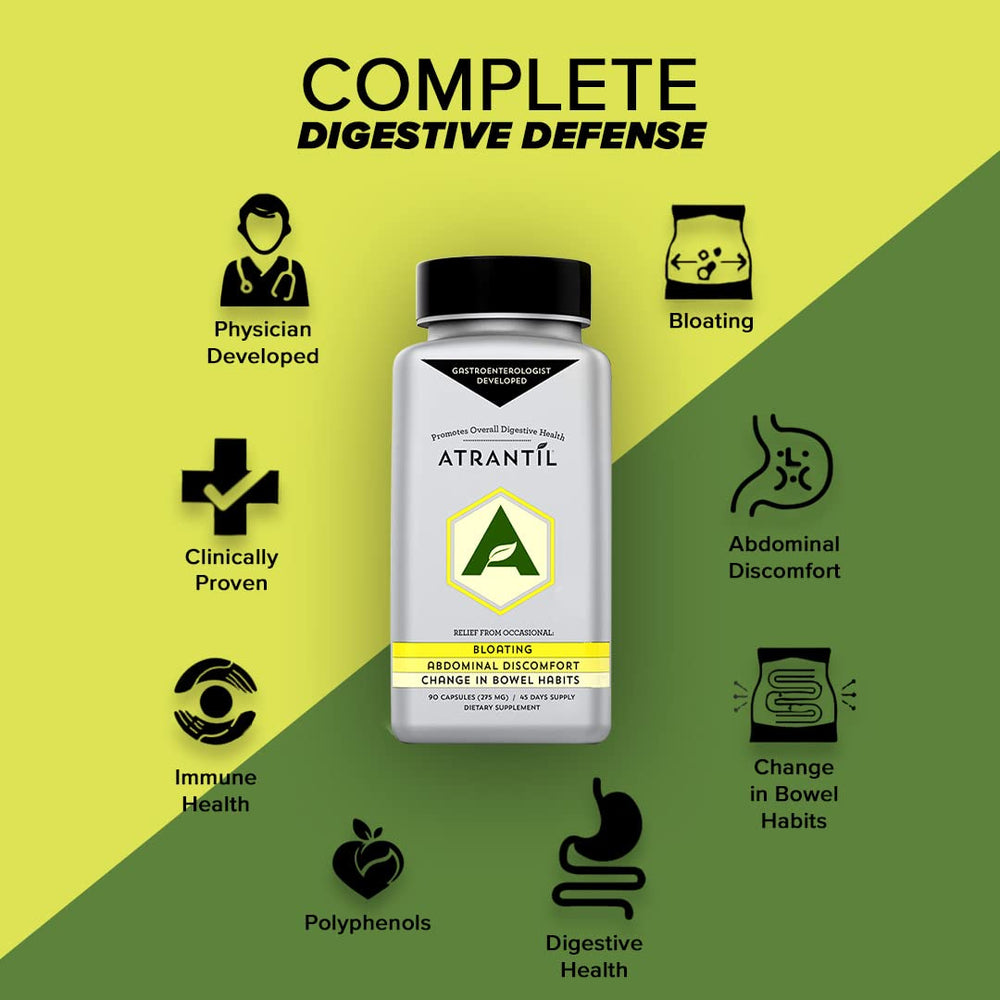 Atrantil bottle and dosing guide, illustrating the three-times-a-day routine.