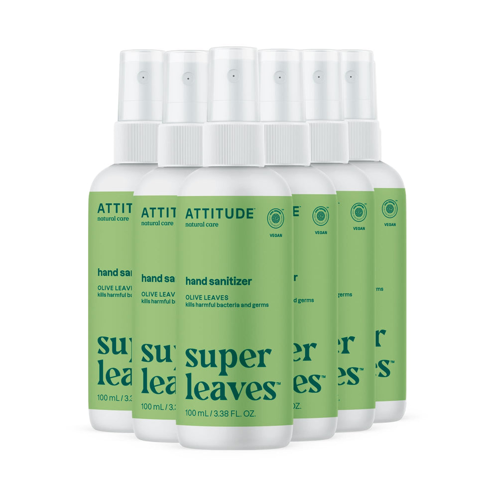 ATTITUDE hand-sanitizer-spray bottle in use, quick-drying formula for on-the-go hand hygiene.