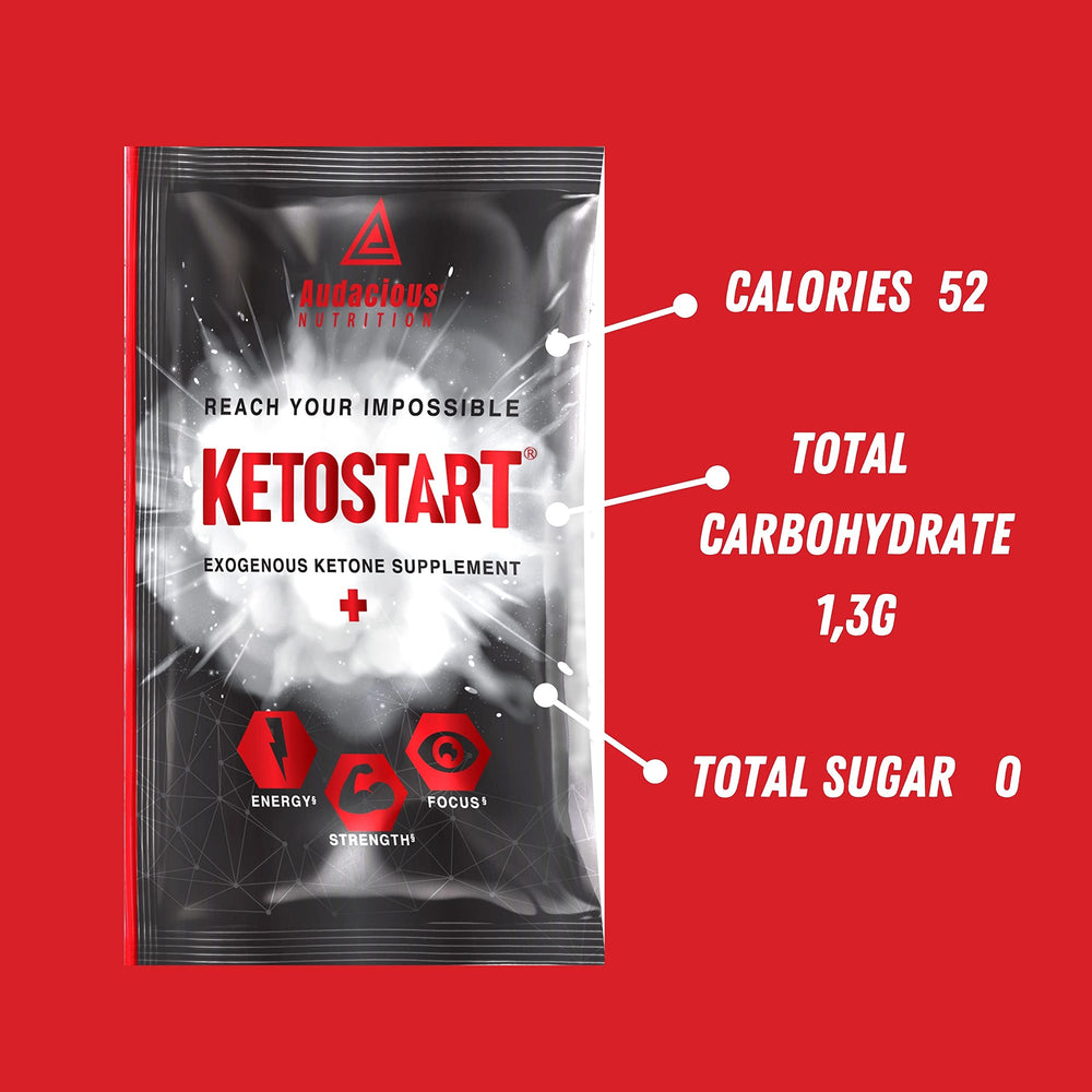Audacious Nutrition Ketostart on-the-go sachet ready for travel and workouts.
