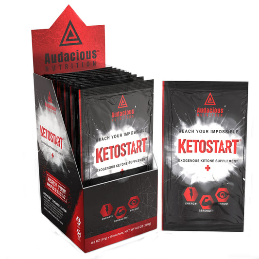 Audacious Nutrition Ketostart packaging with sachet promotes on-the-go ketosis support.