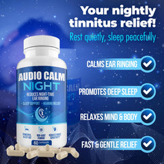 Audio Calm Night capsules close-up emphasize gentle, non-habit forming sleep aid