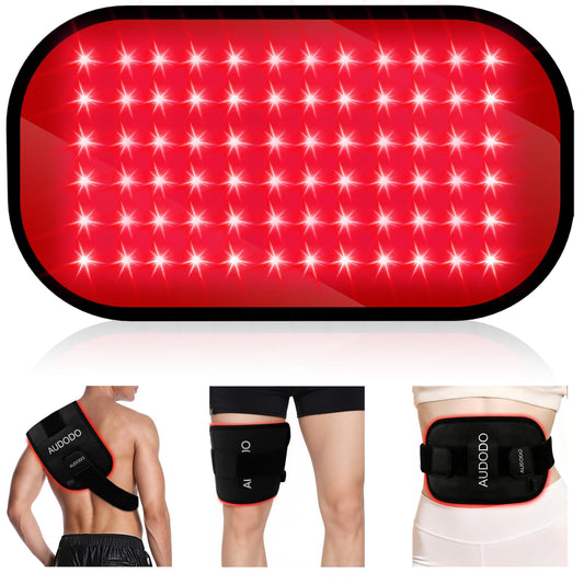 AUDODO red light therapy belt wrapped on the back for soothing warmth at home.