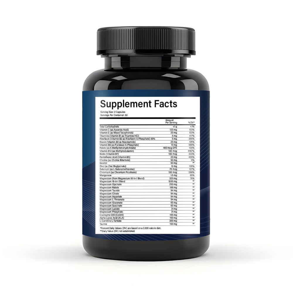 Auivty bottle label emphasizes 10 forms of magnesium and B vitamins.