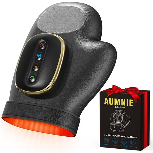 AUMNIE hand massager cordless glove worn for targeted warmth and stress relief.