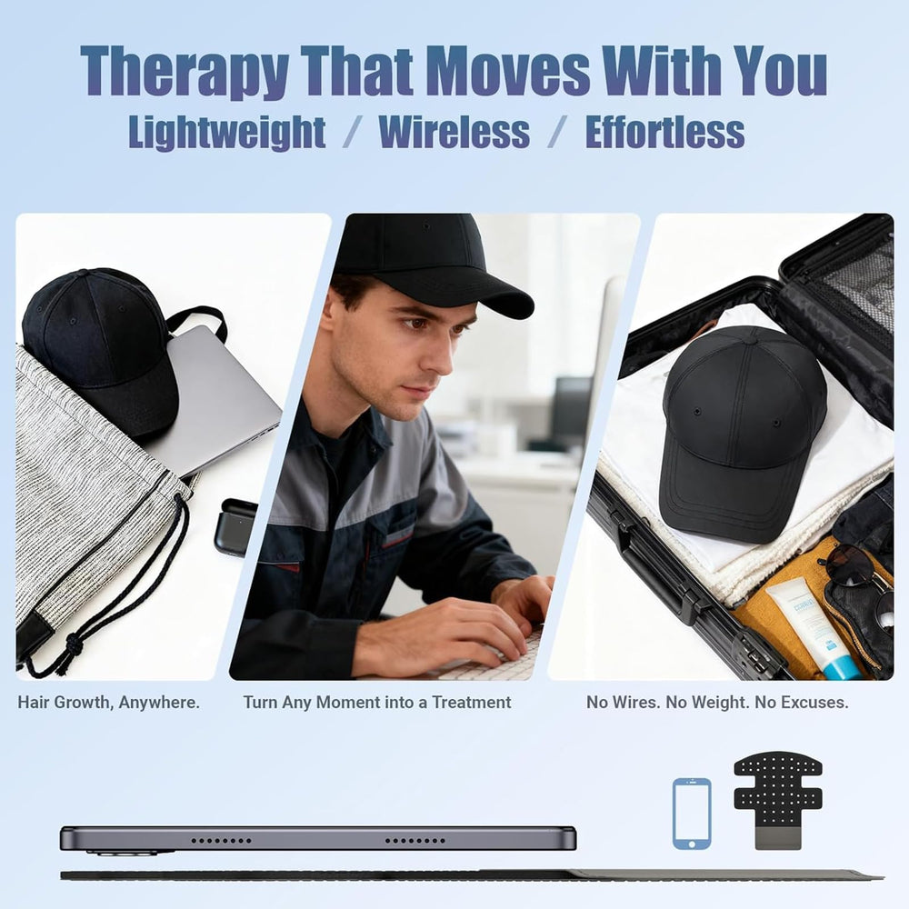 AUQLEF portable hair growth cap in use shows hands-free convenience.
