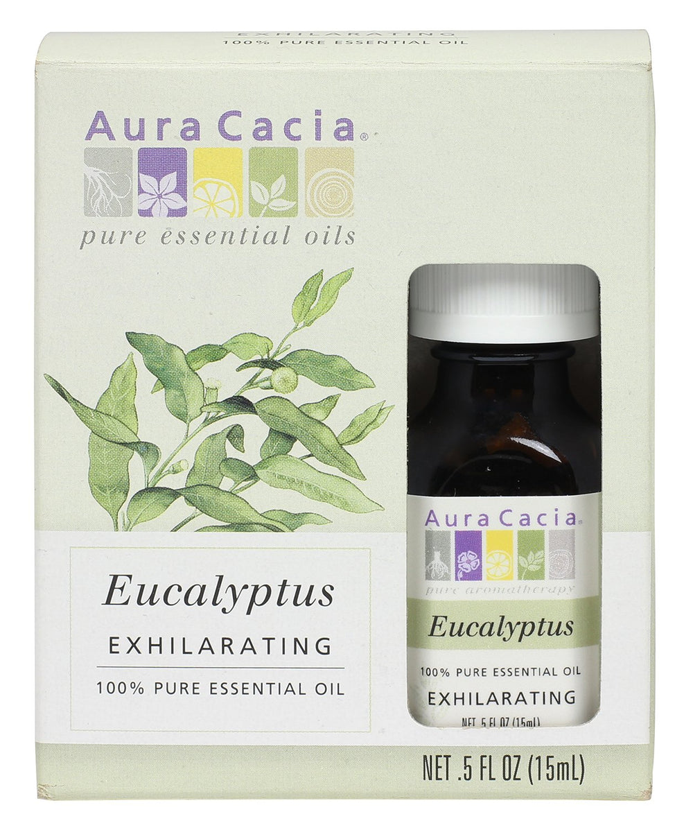 Aura Cacia eucalyptus oil bottle in diffuser setup for refreshing aroma.