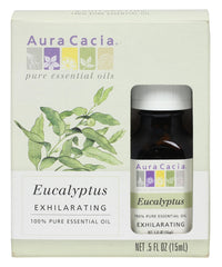 Aura Cacia eucalyptus oil bottle in diffuser setup for refreshing aroma.