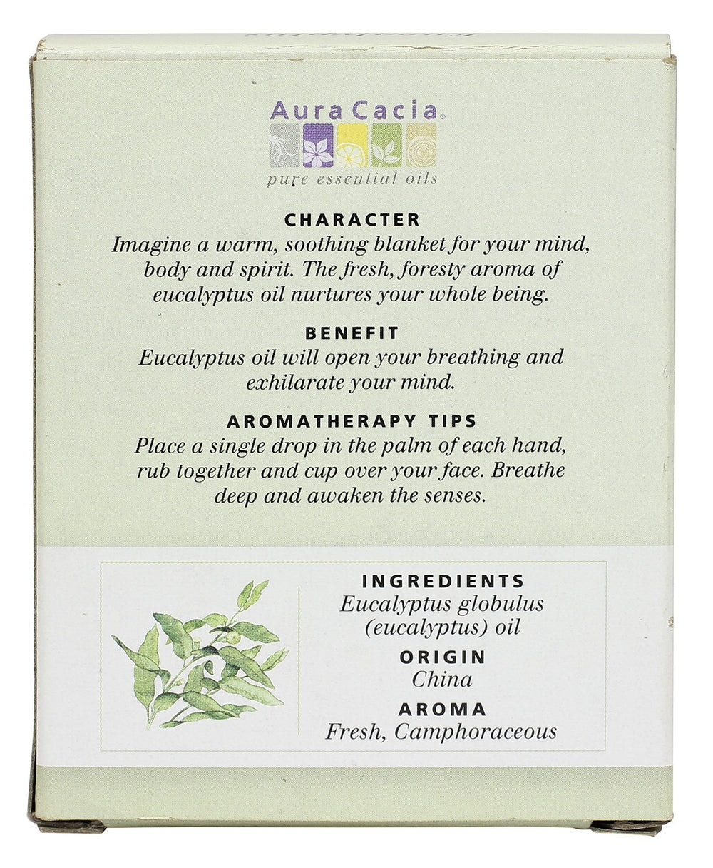 Aura Cacia eucalyptus oil packaging showcasing quality and freshness.