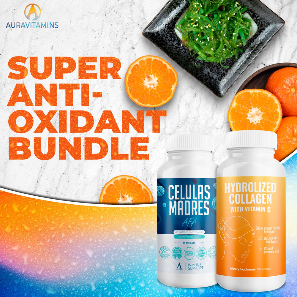 Aura Vitamins capsules closeup highlighting hydrolyzed collagen and vitamin C for skin support.