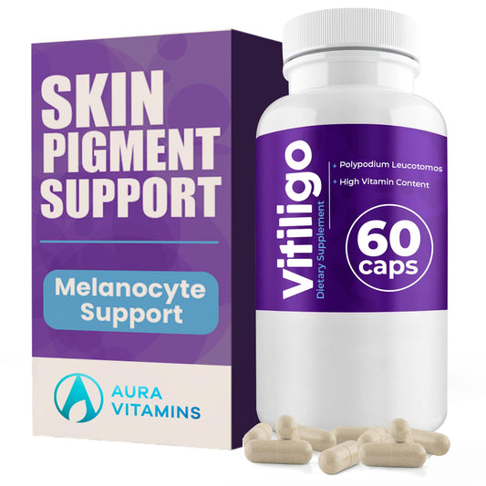 Aura Vitamins Vitiligo Capsules bottle front shows convenient daily support for balanced skin.