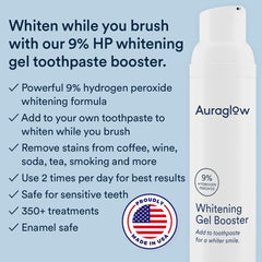 Close-up smile after brushing shows coffee and tea stain removal with AURAGLOW.