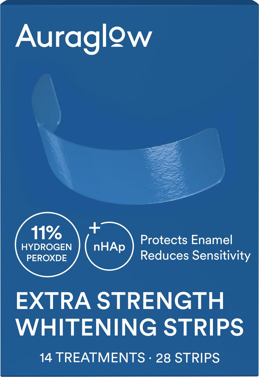 AuraGlow extra strength strips provide full upper-arch coverage for even whitening