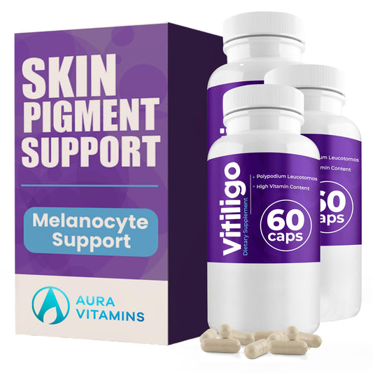 Aura Vitamins Vitiligo Capsules bottle supporting skin pigment balance