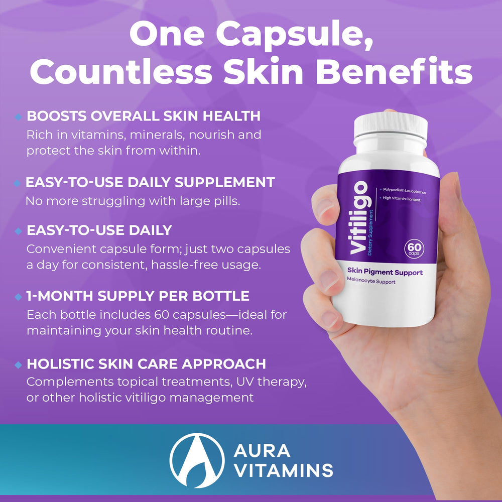 Aura Vitamins Vitiligo Capsules with water for daily routine