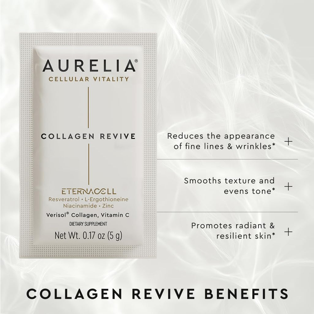 Close-up of the Aurelia Collagen Revive label showing zinc and resveratrol for antioxidant protection.