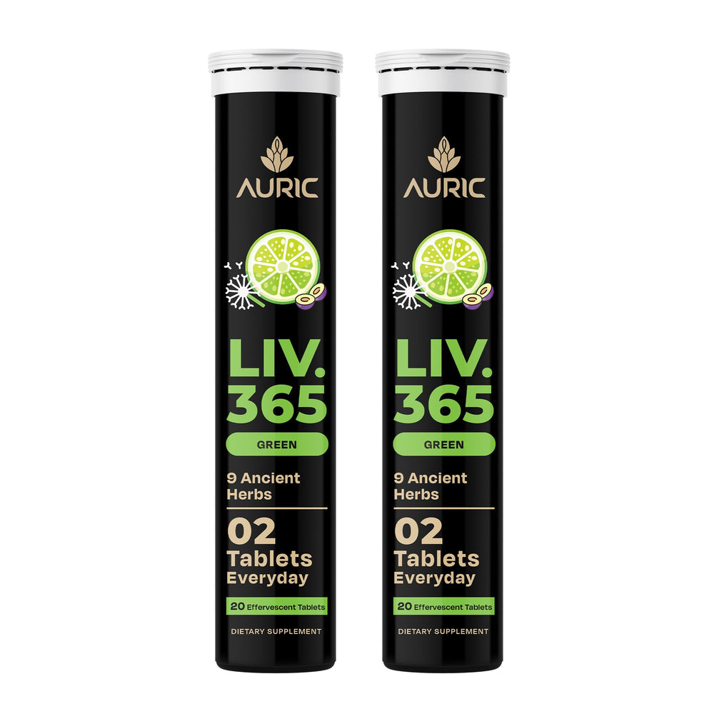 Auric Liv365 bottle front view with lemon flavor branding for daily liver support