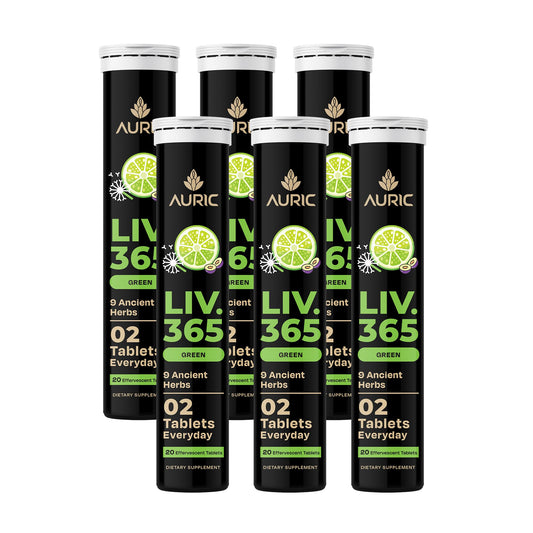 Auric Liv365 bottle front view showing lemon flavored tablets for daily liver health.
