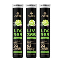 Auric Liv365 bottle front showing lemon flavor for daily detox support