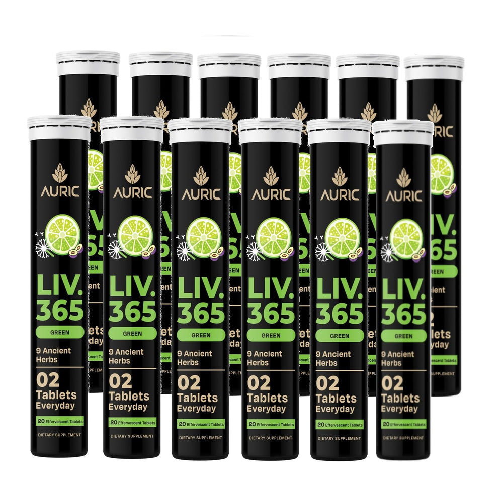 Auric Liv365 lemon bottle front view supports detox and daily wellness.
