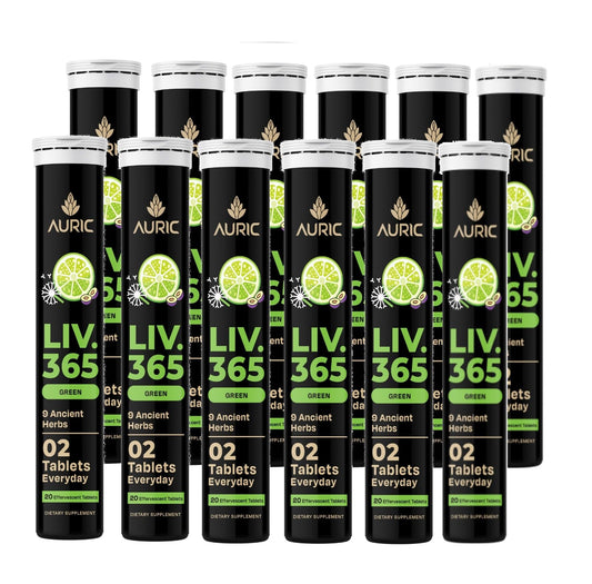Auric Liv365 lemon bottle front view supports detox and daily wellness.