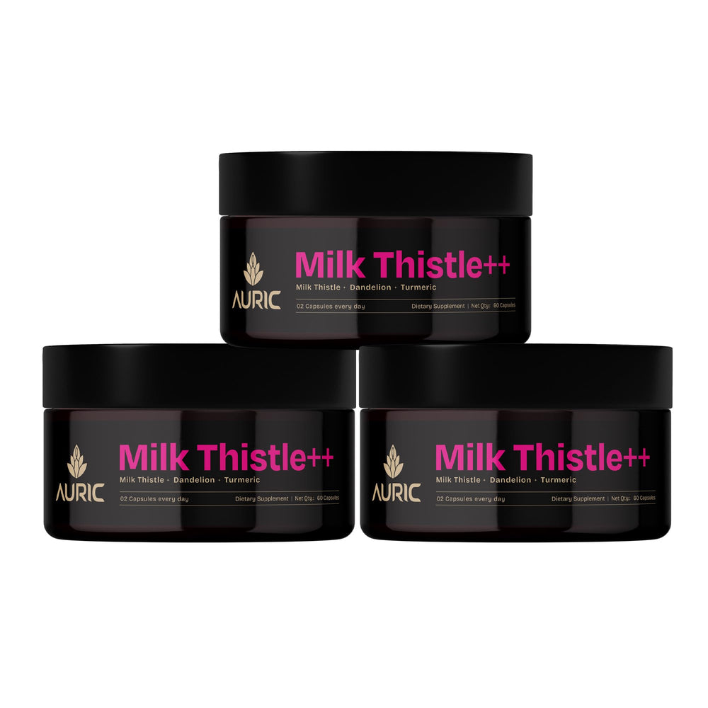 Auric Milk Thistle bottle with veggie capsules supports daily wellness.