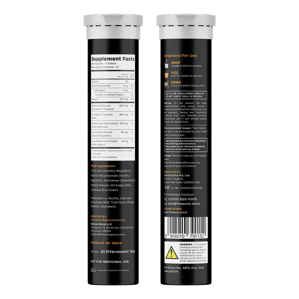 Auric Resp 365 packaging and tablet on a table, suggesting convenient daily regimen.