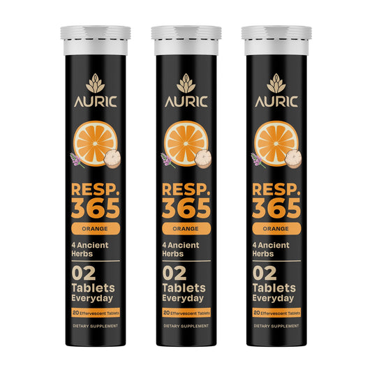 Auric Resp 365 bottle on shelf for daily respiratory wellness inspiration.