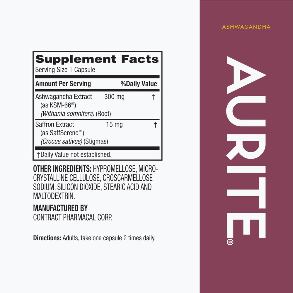 Aurite saffron-ashwagandha capsules for easy daily use.