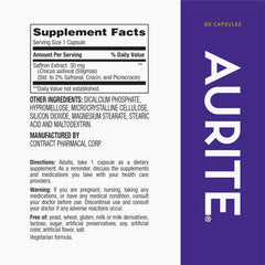 Aurite Saffron supplement bottle back showing ingredients and usage details