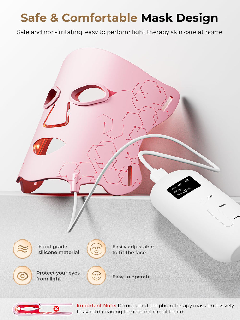 Aurphany LED mask gentle fit accommodates various face shapes during use.