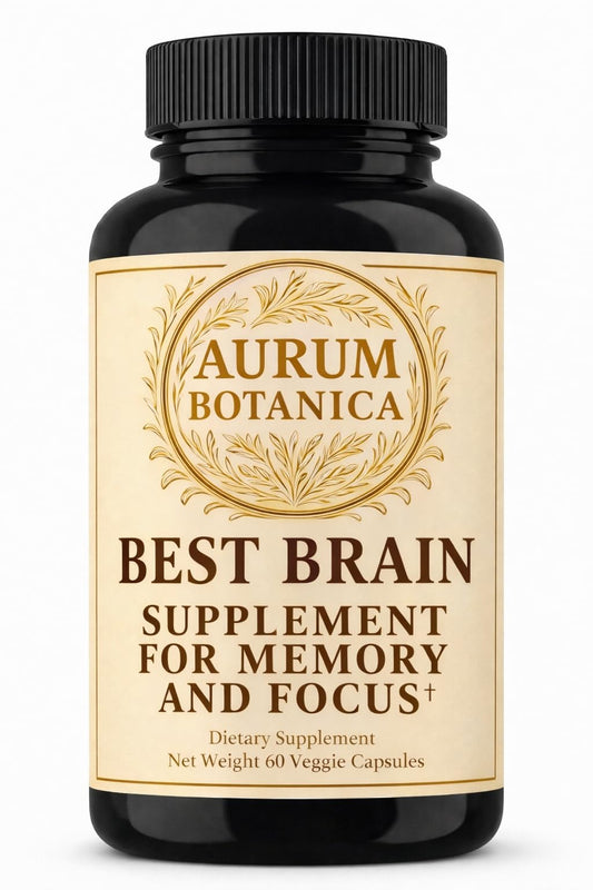 AURUM BOTANICA Best Brain Supplement bottle promotes quick focus without jitters.