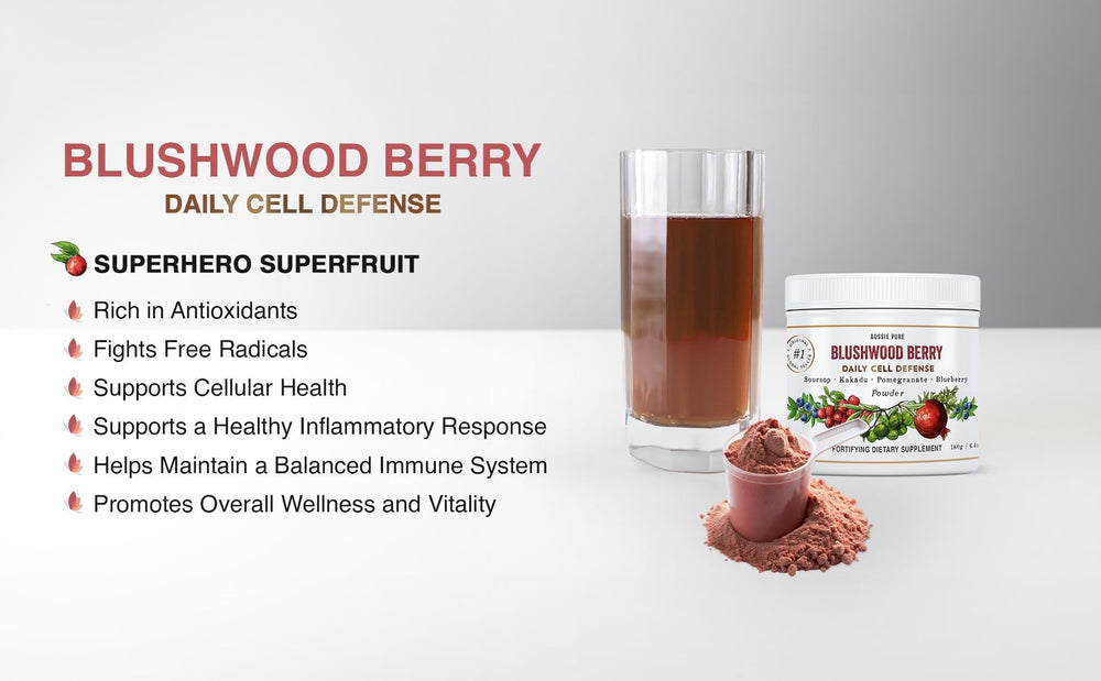 Aussie Pure Blushwood Berry powder tub close-up ready for daily use.