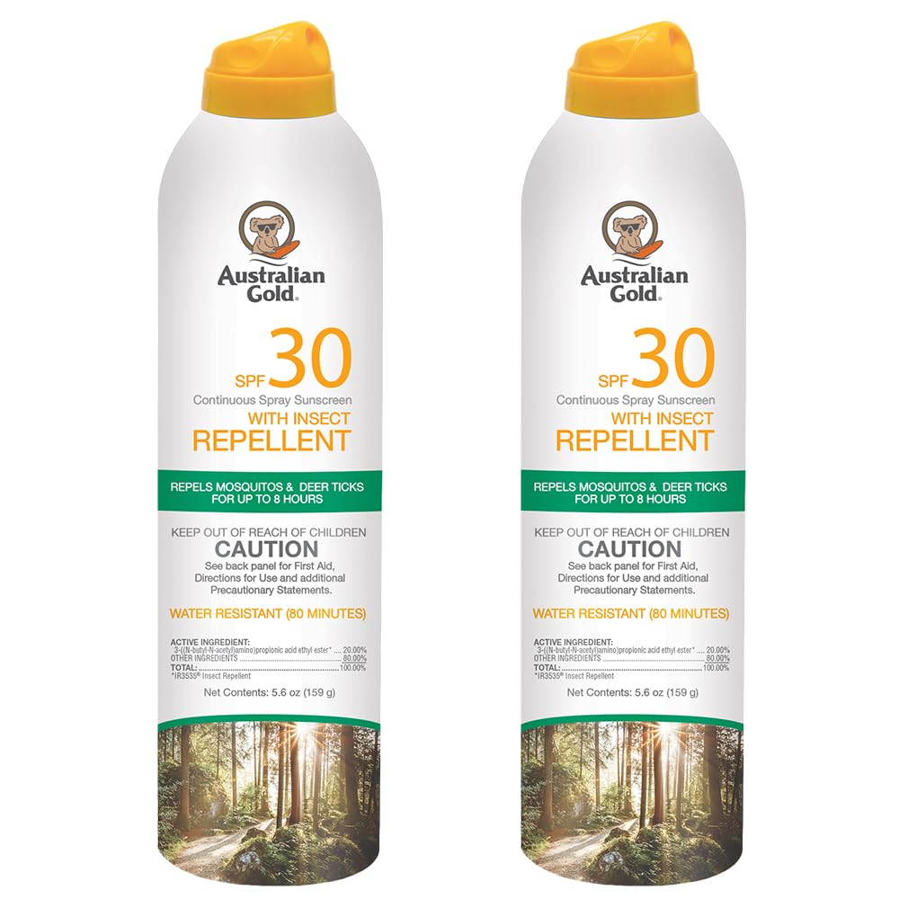 Australian Gold SPF30 continuous spray bottle for sun and bug protection outdoors