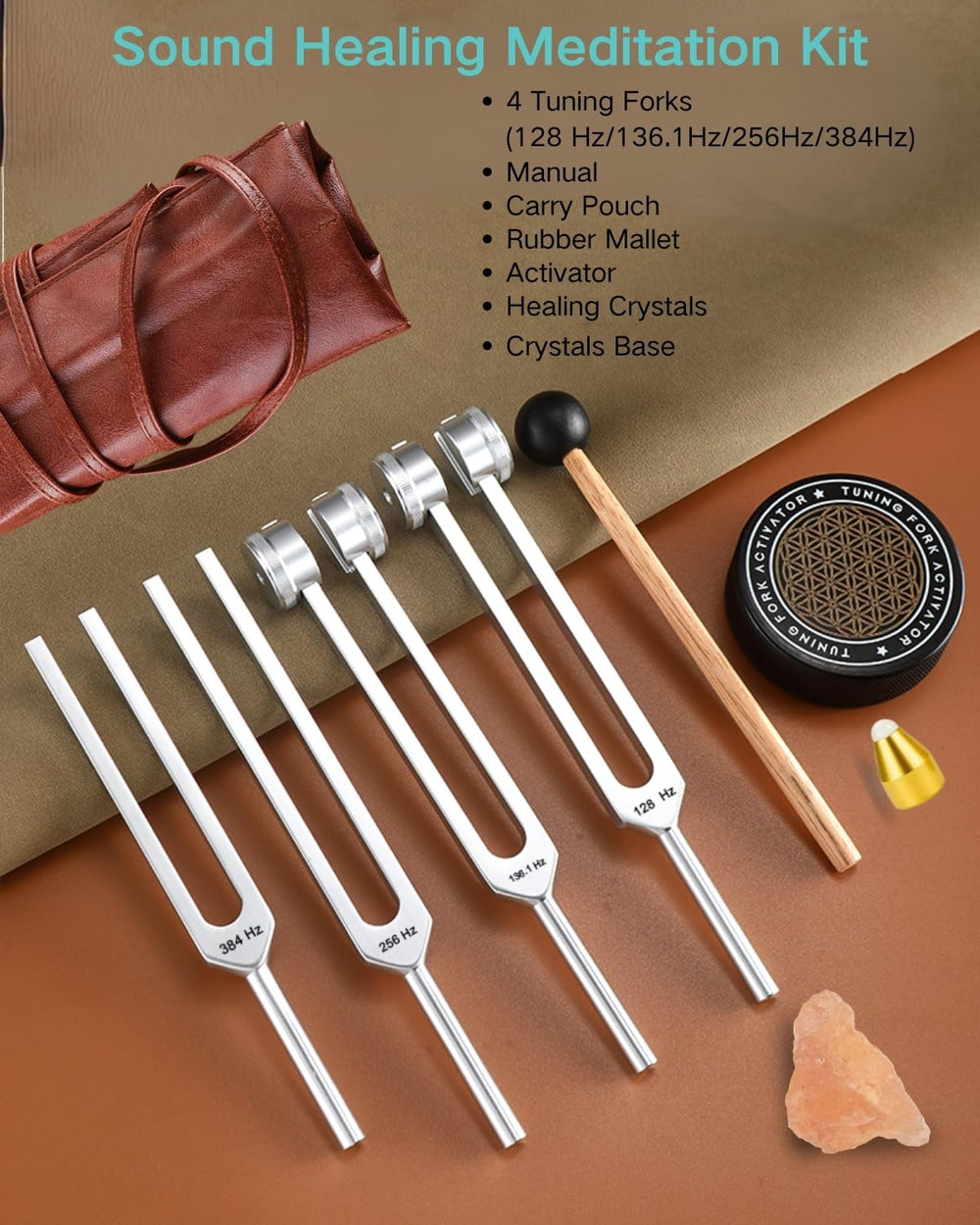 Autzom tuning forks 4-pack close-up with activator for easy use.