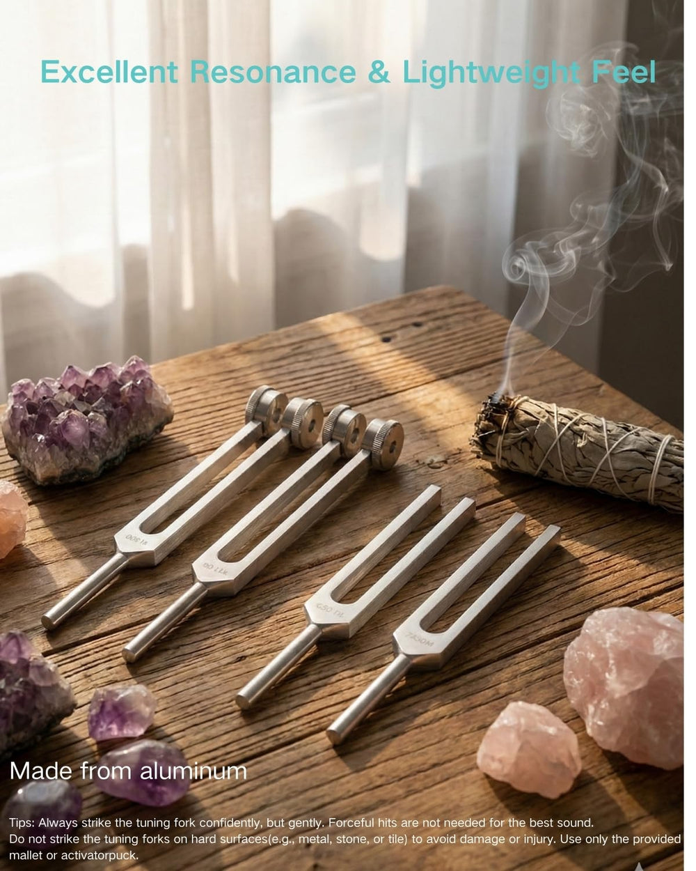 Autzom tuning forks arranged for portable stress relief practice.