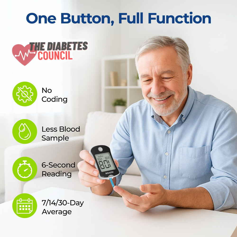 AUVON Blood Glucose Monitor display shows readings clearly