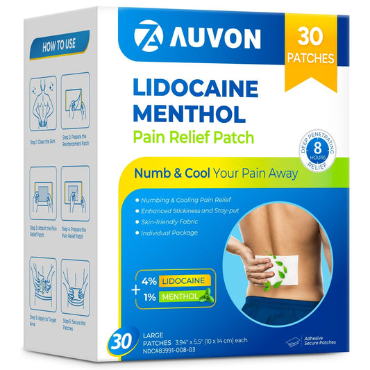 AUVON Max Strength Patch box with 30 patches for convenient pain management.
