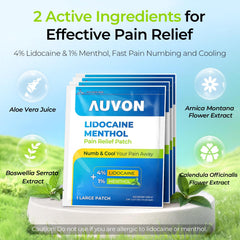 AUVON Max Strength Patch closeup highlighting lidocaine-menthol formula for targeted comfort.
